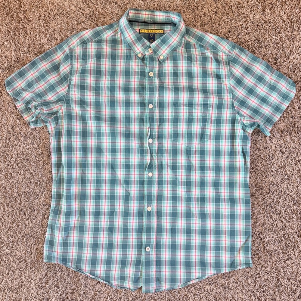 Prince & Fox Mens Large Teal Red Plaid Cotton Short Sleeve Button Down Shirt